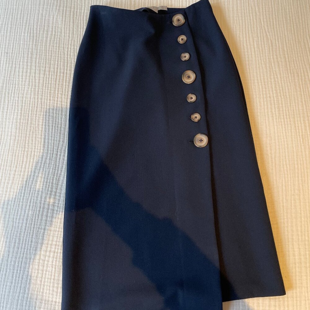 ASOS size 2 navy blue midi skirt with buttons and asymetrical hem